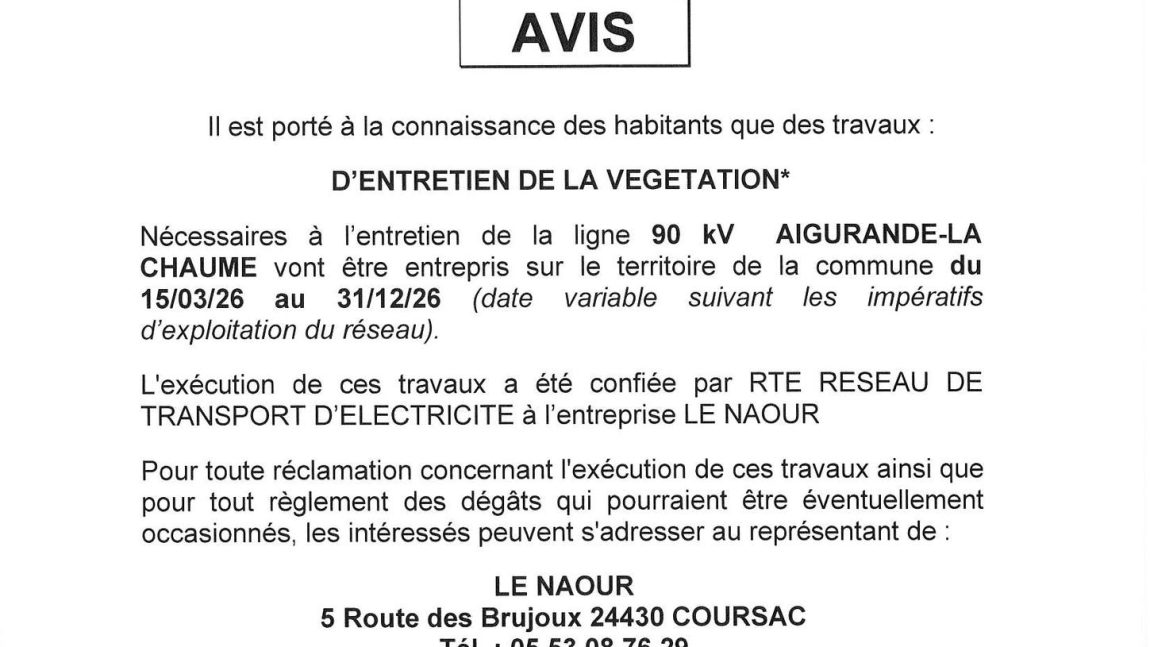 TRAVAUX ENTRETIEN DE LA VEGETATION LIGNE 90KV AIGURANDE-LA CHAUME